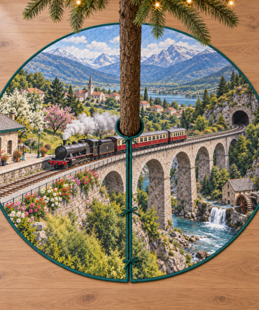 Vintage Train Village Map Christmas Tree Skirt – Illustrated Train Route & Village Scene, Interactive Holiday Base Cover, Durable Quilted Fabric, Machine-Washable, Fits Most Trees