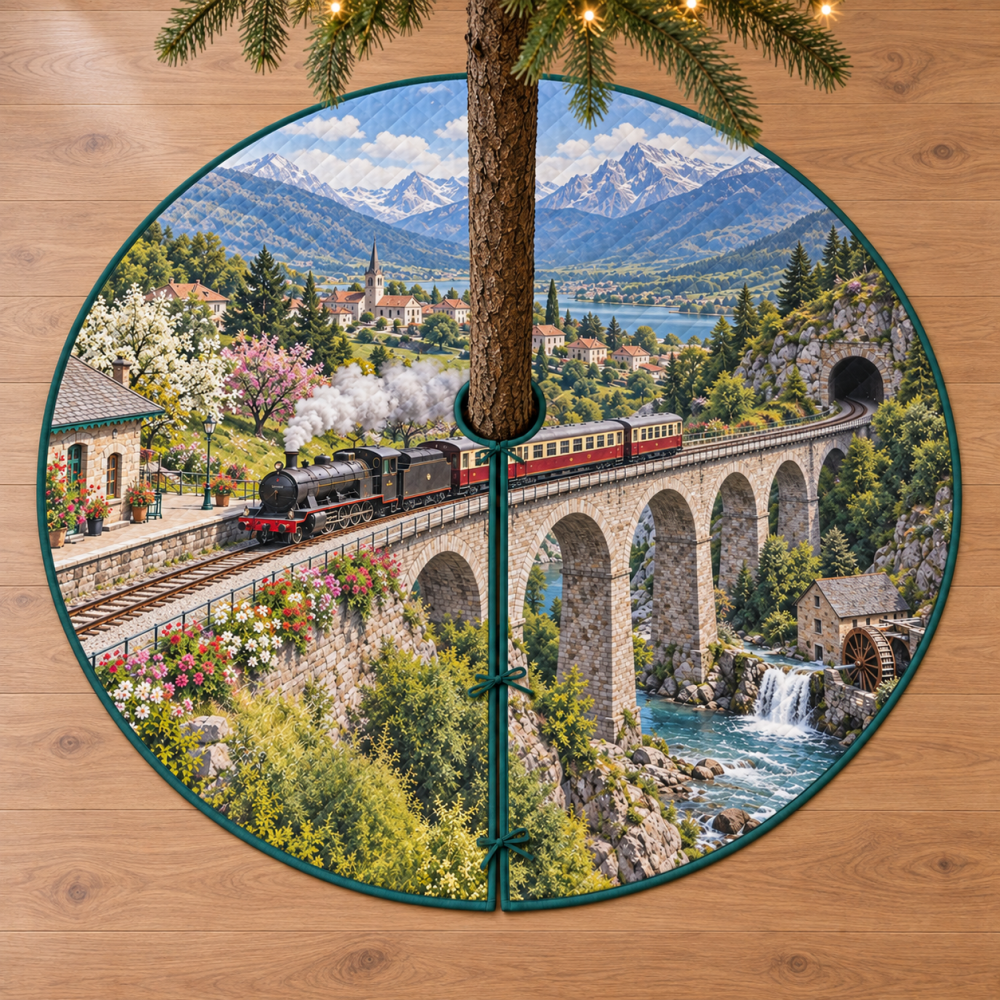 Vintage Train Village Map Christmas Tree Skirt – Illustrated Train Route & Village Scene, Interactive Holiday Base Cover, Durable Quilted Fabric, Machine-Washable, Fits Most Trees