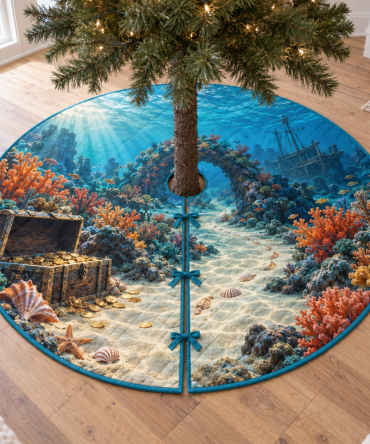 Underwater Treasure Route Nautical Christmas Tree Skirt – Vibrant Sea Map With Treasure Path & Sea Creatures, Durable Holiday Tree Base Cover, Machine-Washable, Fits Most Trees