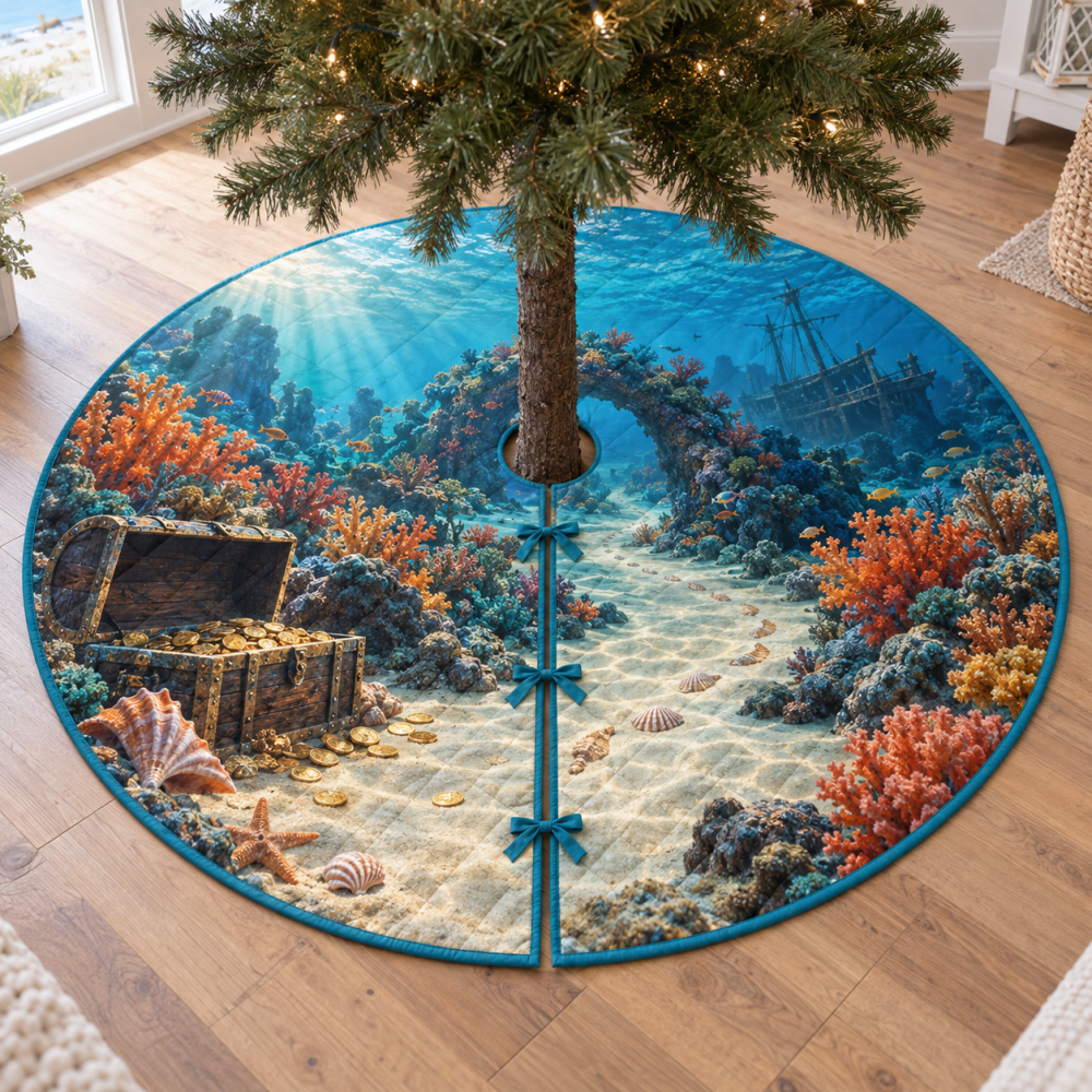 Underwater Treasure Route Nautical Christmas Tree Skirt – Vibrant Sea Map With Treasure Path & Sea Creatures, Durable Holiday Tree Base Cover, Machine-Washable, Fits Most Trees