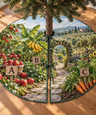 Fruit & Vegetable Alphabet Educational Christmas Tree Skirt – Colorful Abc Produce Design For Kids, Learning Holiday Tree Base Cover, Durable & Machine-Washable, Fits Most Trees