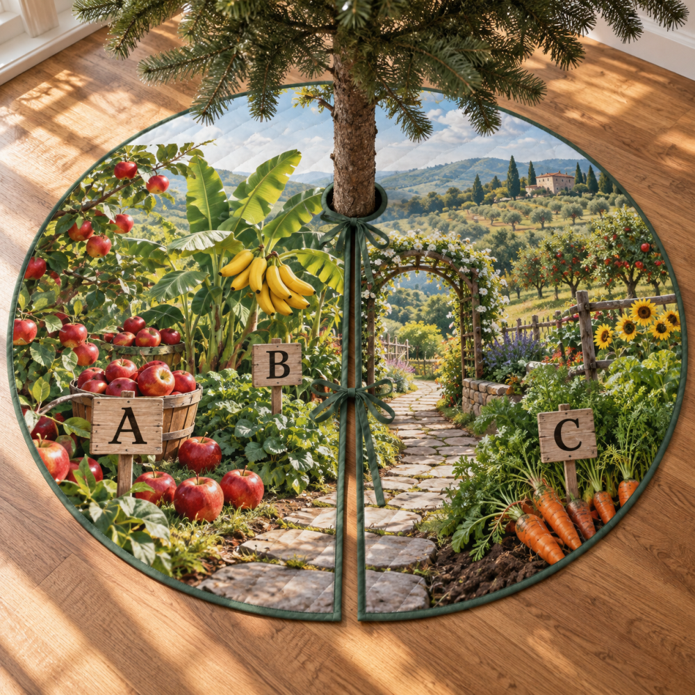Fruit & Vegetable Alphabet Educational Christmas Tree Skirt – Colorful Abc Produce Design For Kids, Learning Holiday Tree Base Cover, Durable & Machine-Washable, Fits Most Trees