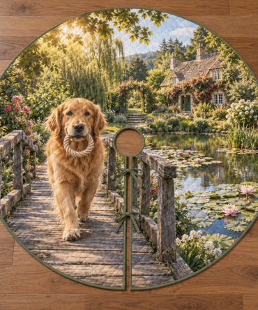 Golden Retriever Pond Bridge Holiday Tree Skirt – Heartwarming Retriever Scene Around Tree Base, Plush Quilted Material, Spot-Resistant Finish, Machine-Washable, Fits Most Trees, Great Gift
