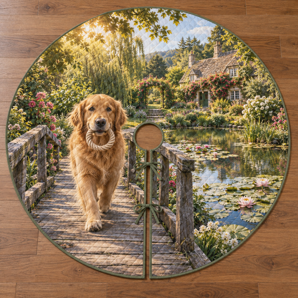 Golden Retriever Pond Bridge Holiday Tree Skirt – Heartwarming Retriever Scene Around Tree Base, Plush Quilted Material, Spot-Resistant Finish, Machine-Washable, Fits Most Trees, Great Gift