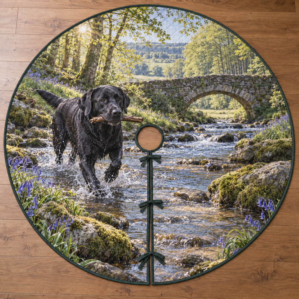 Black Labrador Bluebell Creek Christmas Tree Skirt – Elegant Black Lab Woodland Scene, Soft Quilted Fabric, Heavy-Duty Backing, Machine-Washable, Fits Most Trees, Ideal Pet-Lover Gift