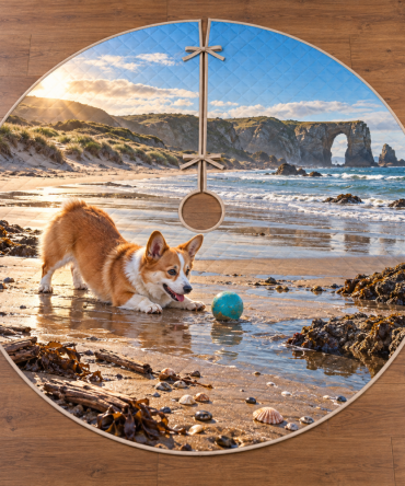 Corgi Coastal Dune Christmas Tree Skirt – Charming Corgi Beach Scene Holiday Tree Base Cover, Quilted Durable Fabric, Machine-Washable, Fits Most Trees, Perfect Holiday Gift