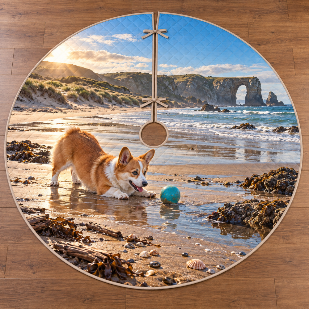 Corgi Coastal Dune Christmas Tree Skirt – Charming Corgi Beach Scene Holiday Tree Base Cover, Quilted Durable Fabric, Machine-Washable, Fits Most Trees, Perfect Holiday Gift