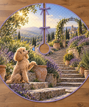 Apricot Poodle Lavender Steps Holiday Tree Skirt - Botanical Pastel Design Soft Microfiber 48" Round, Elegant Seasonal Decor