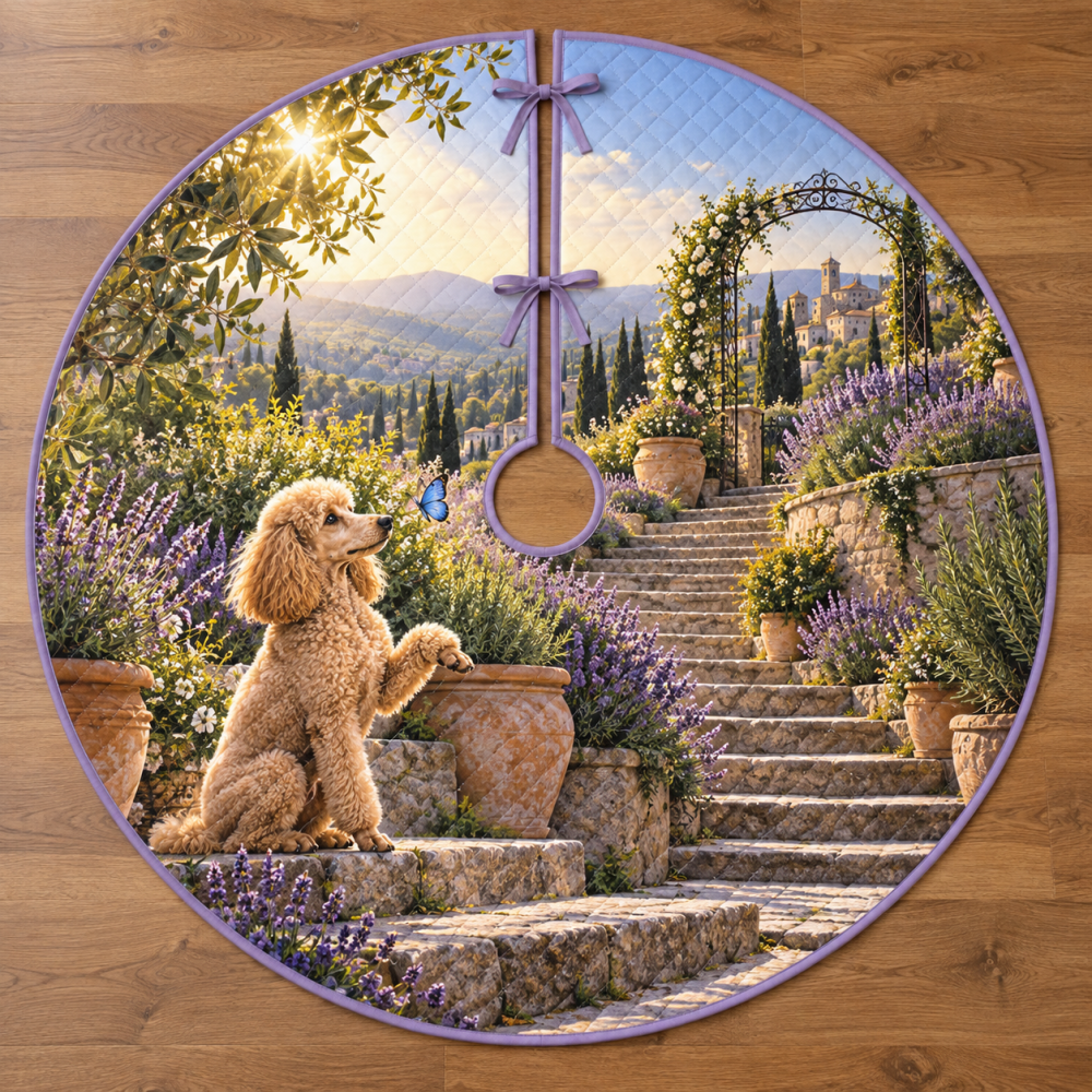 Apricot Poodle Lavender Steps Holiday Tree Skirt - Botanical Pastel Design Soft Microfiber 48" Round, Elegant Seasonal Decor