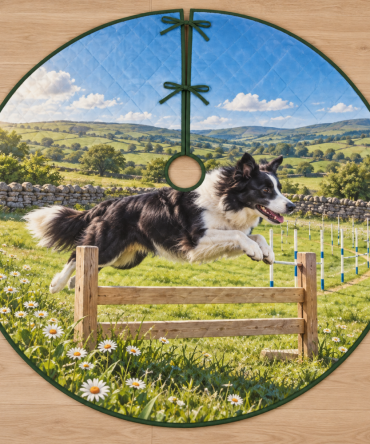 Border Collie Agility Meadow Tree Skirt - Lively Training Scene Fade-Resistant Dye Quilted Back 48" Round, Great Dog Gift