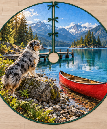Australian Shepherd Canoe Lake Holiday Tree Skirt - Scenic Lakeside Illustration Durable Polyester 60" Diameter, Pet-Friendly