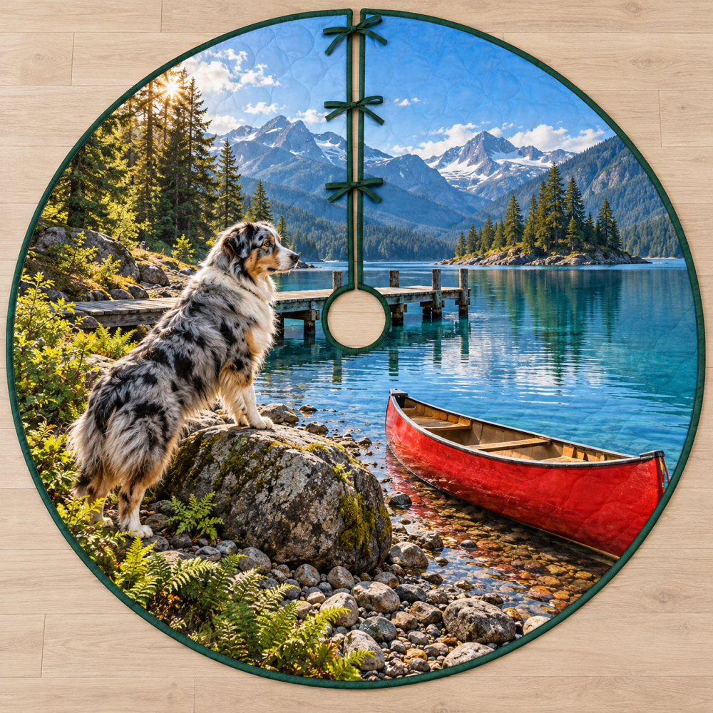 Australian Shepherd Canoe Lake Holiday Tree Skirt - Scenic Lakeside Illustration Durable Polyester 60" Diameter, Pet-Friendly