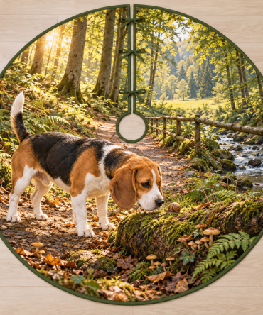 Beagle Mossy Log Discovery Tree Skirt - Charming Woodland Design Reversible Machine Washable 48" Round, Ideal Pet Gift