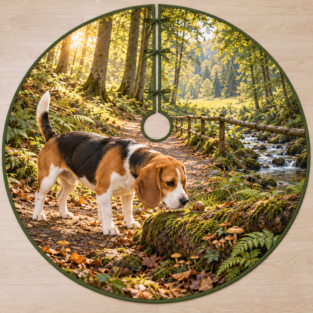 Beagle Mossy Log Discovery Tree Skirt - Charming Woodland Design Reversible Machine Washable 48" Round, Ideal Pet Gift