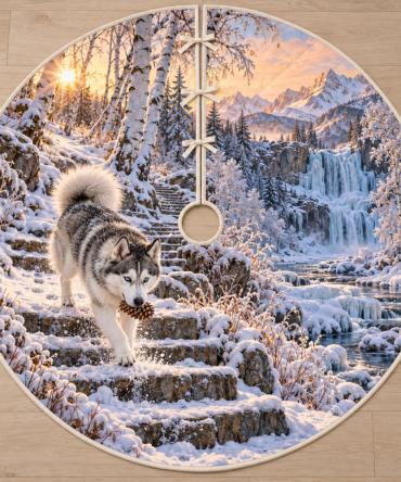 Husky Pinecone Snow Steps Christmas Tree Skirt - Cozy Winter Scene Plush Sherpa Backing 48" Round, Holiday Pet Décor