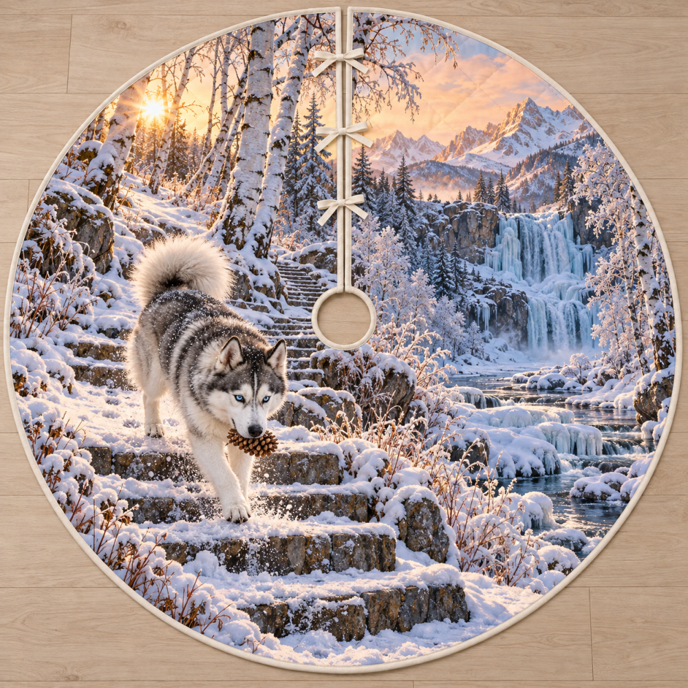 Husky Pinecone Snow Steps Christmas Tree Skirt - Cozy Winter Scene Plush Sherpa Backing 48" Round, Holiday Pet Décor