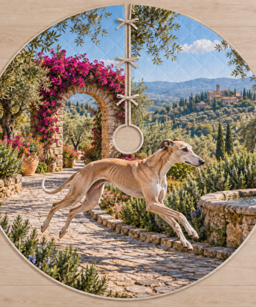 Sleek Greyhound Olive Arch Sprint Holiday Tree Skirt - Modern Silhouette Art Durable Canvas 60" Diameter, Lightweight