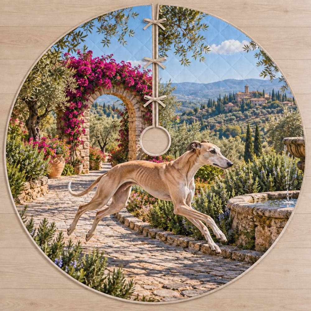 Sleek Greyhound Olive Arch Sprint Holiday Tree Skirt - Modern Silhouette Art Durable Canvas 60" Diameter, Lightweight