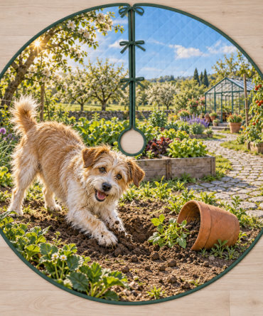 Playful Mixed Breed Dog Garden Dig Tree Skirt - Whimsical Backyard Scene Fade-Resistant Print 48" Round, Great Gift