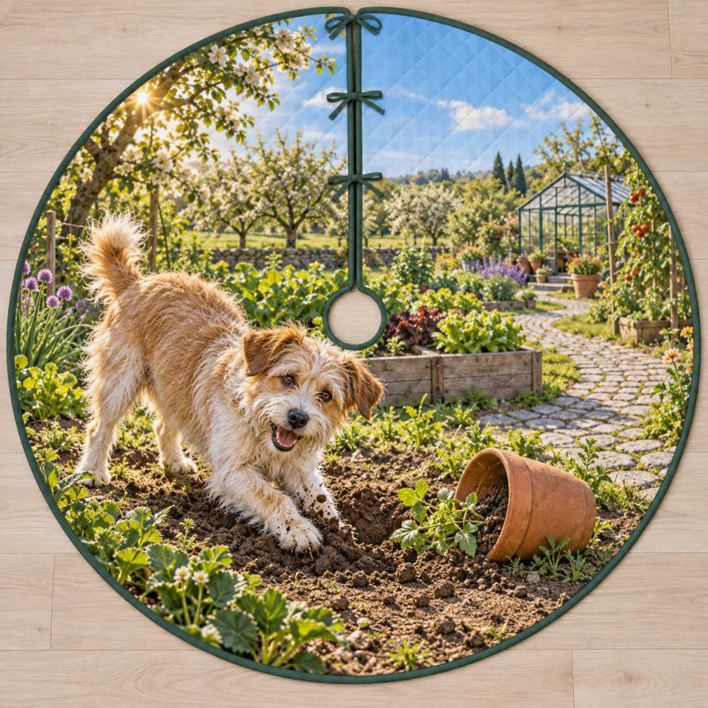 Playful Mixed Breed Dog Garden Dig Tree Skirt - Whimsical Backyard Scene Fade-Resistant Print 48" Round, Great Gift