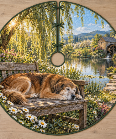 Silver-Muzzled Dog Willow Bench Holiday Tree Skirt - Timeless Canine Portrait Heavy Knit 60" Diameter, Perfect Dog Lover Gift