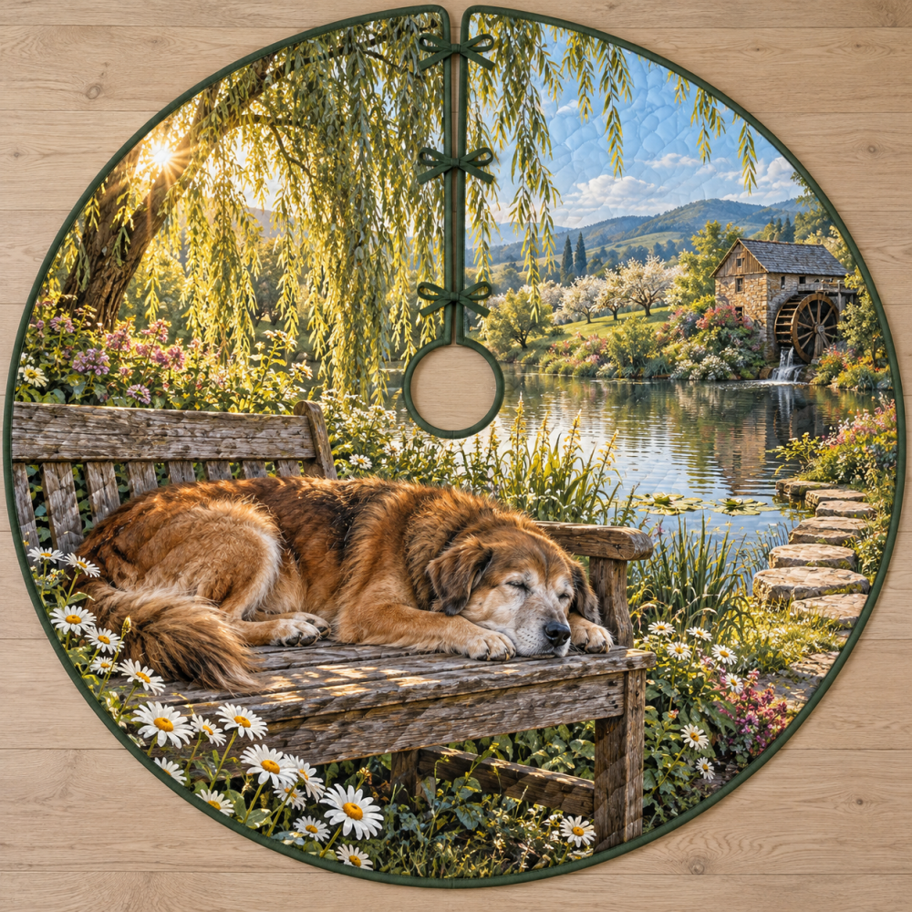 Silver-Muzzled Dog Willow Bench Holiday Tree Skirt - Timeless Canine Portrait Heavy Knit 60" Diameter, Perfect Dog Lover Gift