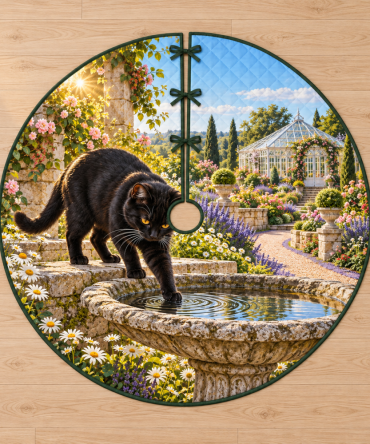 Elegant Black Cat Birdbath Ripples Tree Skirt - Subtle Waterscape Illustration Soft Velvet Face 48" Round, Holiday Chic