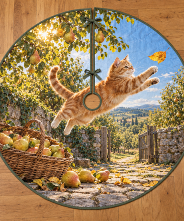 Orange Tabby Pear Orchard Holiday Tree Skirt - Charming Fruit & Cat Motif Quilted Backing 48" Round, Easy Care