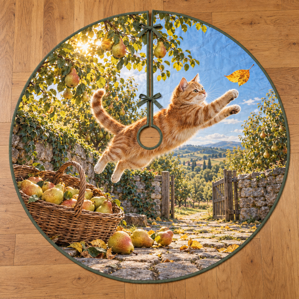 Orange Tabby Pear Orchard Holiday Tree Skirt - Charming Fruit & Cat Motif Quilted Backing 48" Round, Easy Care