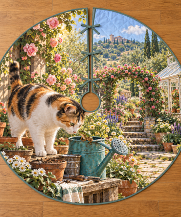 Calico Cat Garden Frog Holiday Tree Skirt - Vibrant Watercolor Print Durable Polyester 48" Round, Pet-Friendly