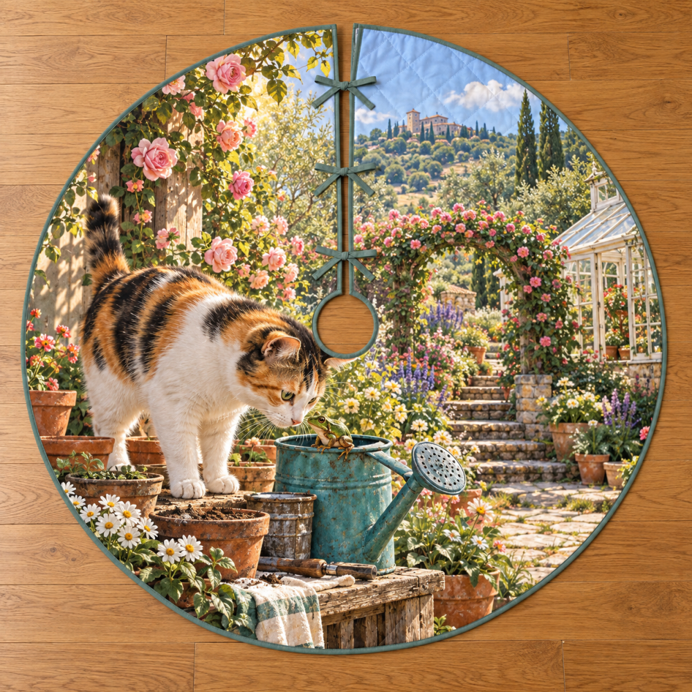 Calico Cat Garden Frog Holiday Tree Skirt - Vibrant Watercolor Print Durable Polyester 48" Round, Pet-Friendly