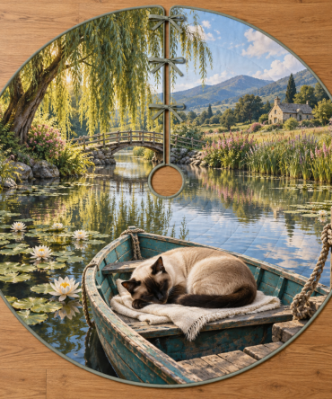 Siamese Cat Willow Rowboat Christmas Tree Skirt - Hand-Illustrated Scene, Soft Fleece 48" Round, Easy Attach