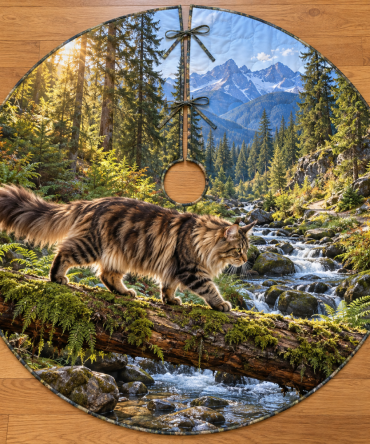 Maine Coon Forest Fern Tree Skirt With Rustic Log Crossing Artwork - Heavyweight Felt 60" Diameter, Holiday Gift Ready