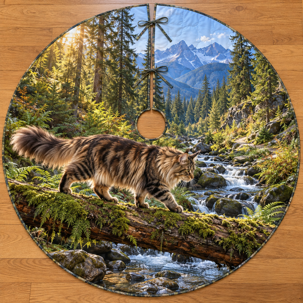 Maine Coon Forest Fern Tree Skirt With Rustic Log Crossing Artwork - Heavyweight Felt 60" Diameter, Holiday Gift Ready