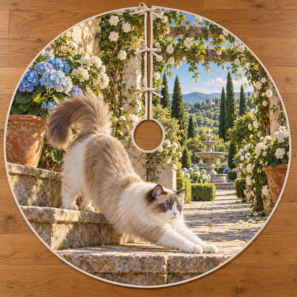 Ragdoll Cat Sunlit Terrace Holiday Tree Skirt - Soft Stretch Knit 48" Round, Elegant Pet Lover Christmas Decor