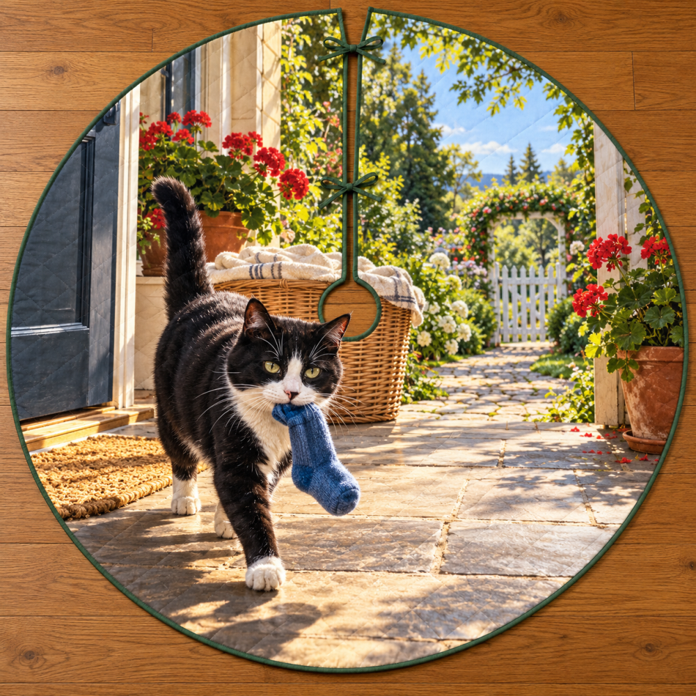 Festive Tuxedo Cat Christmas Tree Skirt With Cozy Sock Delivery Design - Premium Cotton 48" Round, Machine-Washable
