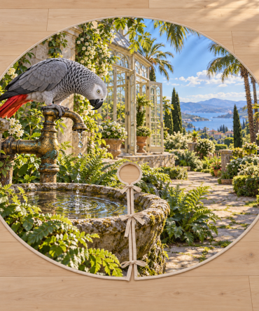 African Grey Parrot Garden Christmas Tree Skirt — Illustrated Garden Tap Design With Custom Name, Premium Holiday Décor For Bird Owners