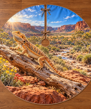 Bearded Dragon Terrarium Trail Holiday Tree Skirt — Sandstone Trail Illustration, Custom Pet Name Option, Unique Reptile Lover Gift