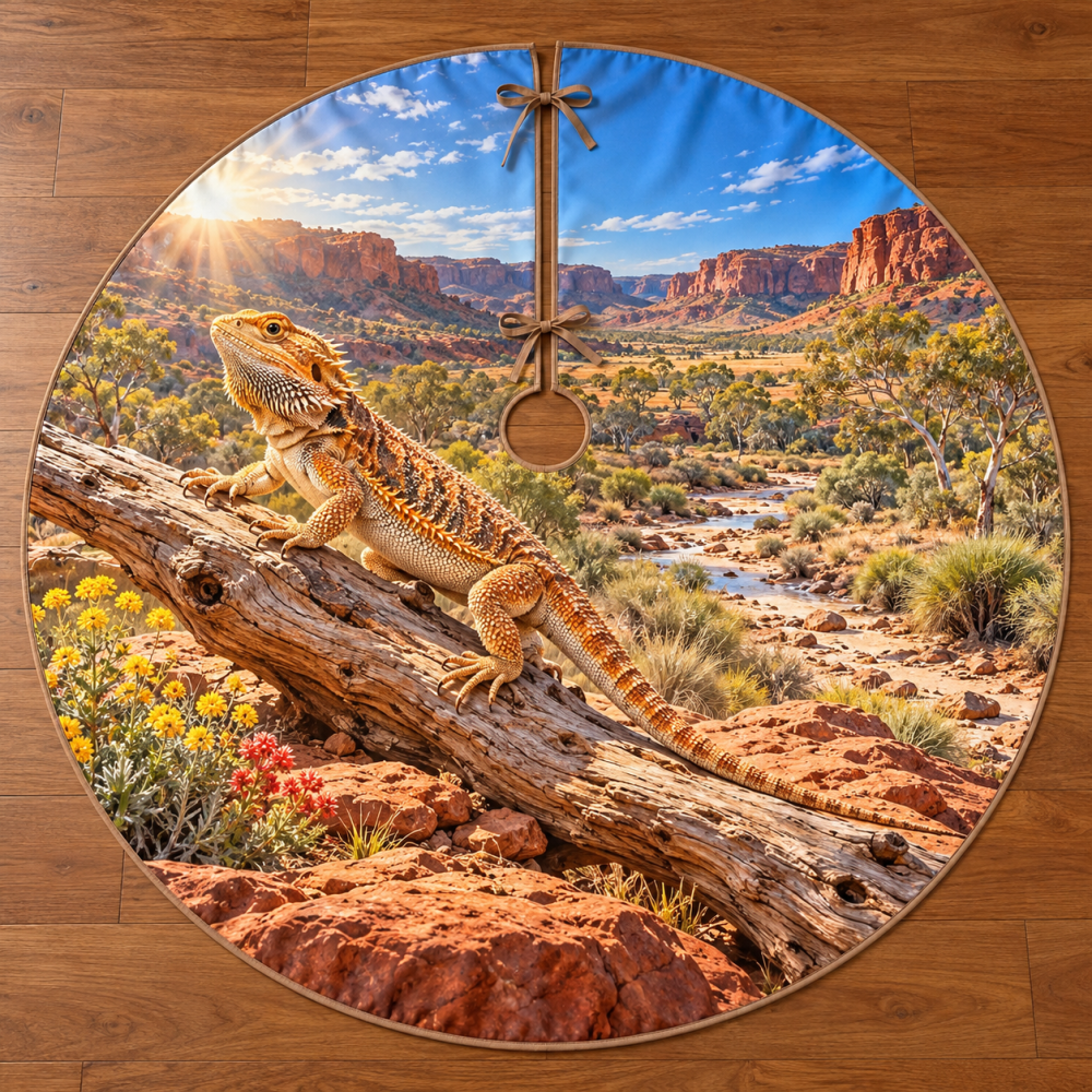 Bearded Dragon Terrarium Trail Holiday Tree Skirt — Sandstone Trail Illustration, Custom Pet Name Option, Unique Reptile Lover Gift