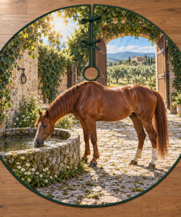 Chestnut Horse Equestrian Christmas Tree Skirt — Courtyard Horse Design With Drink Scene, Personalized Horse Lover Gift, Durable Felt