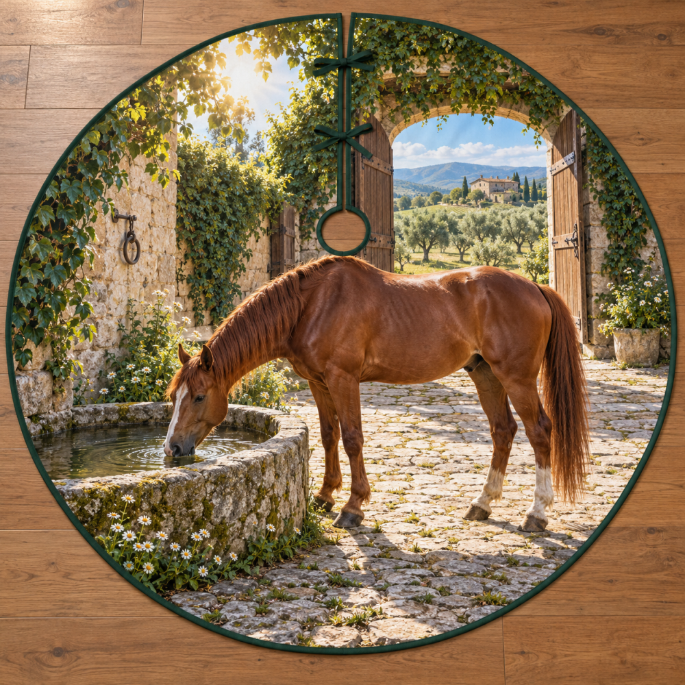Chestnut Horse Equestrian Christmas Tree Skirt — Courtyard Horse Design With Drink Scene, Personalized Horse Lover Gift, Durable Felt