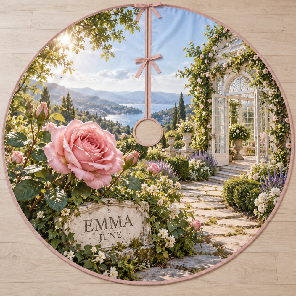 Birth Flower Conservatory Personalized Tree Skirt — Custom Floral Illustration With Names & Dates, Ideal Keepsake For New Parents