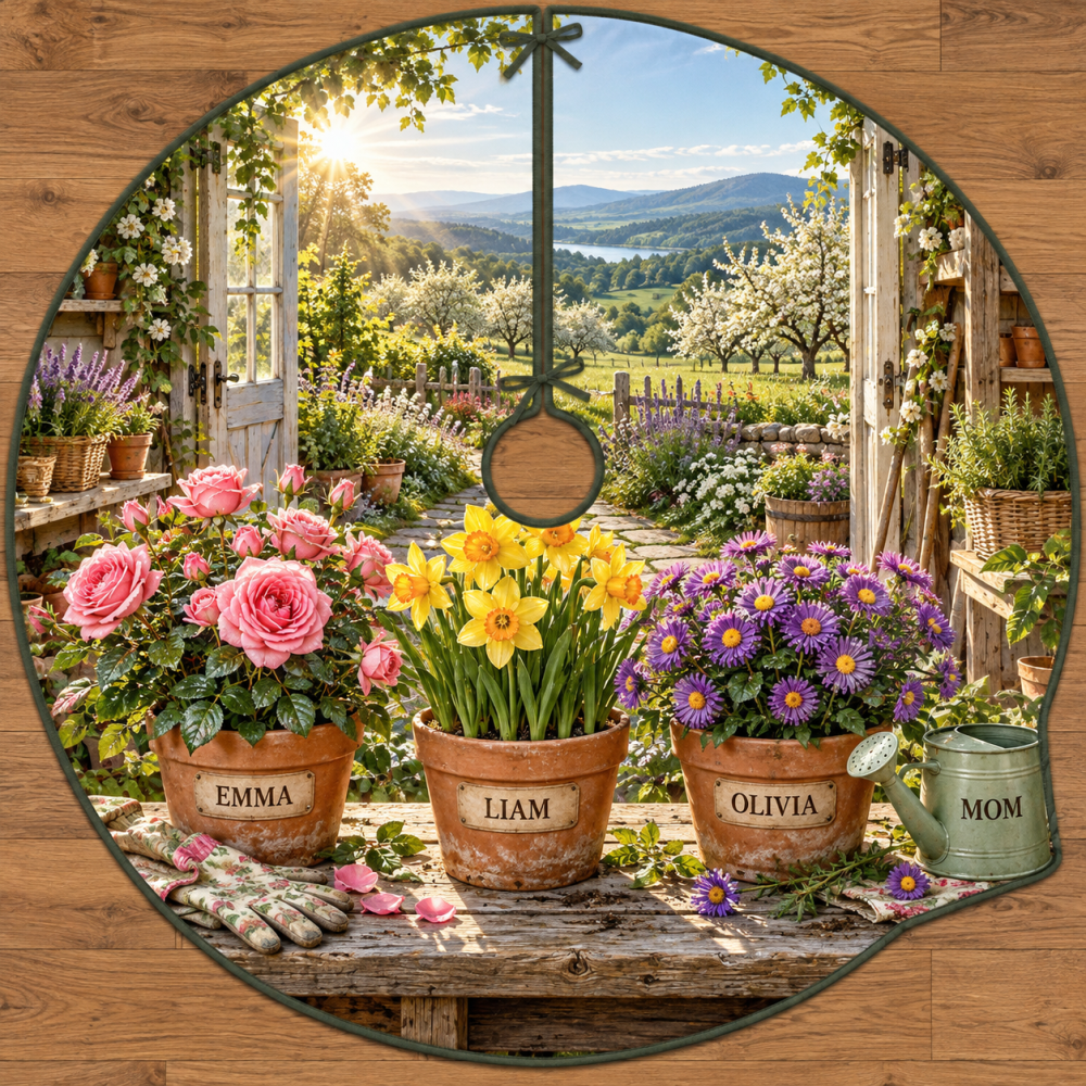 Family Flower Bench Custom Tree Skirt — Personalized Family Name On Floral Bench Scene, Premium Holiday Decor & Photo-Ready Design