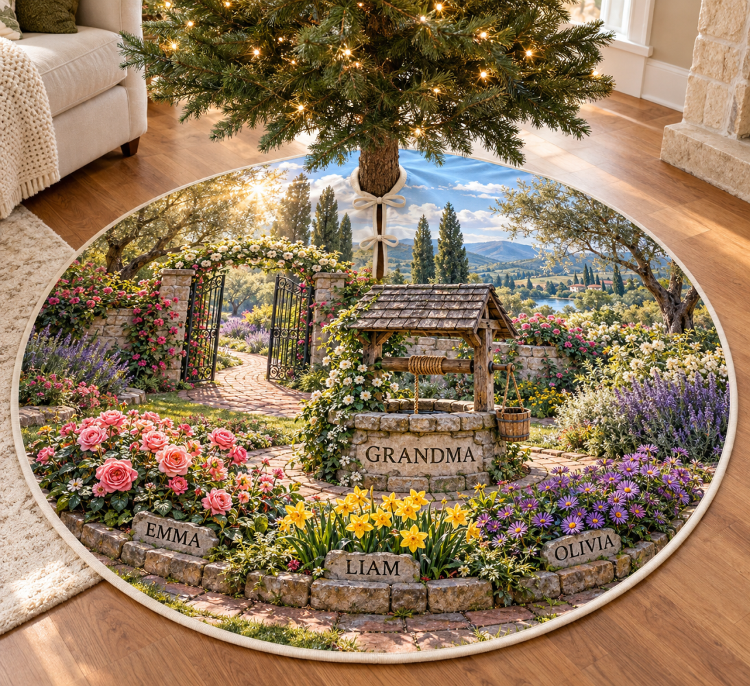 Birth Flower Wishing Well Custom Tree Skirt — Personalized Birth Flowers & Names, Floral Keepsake For Baby, Mom Or Special Birthday
