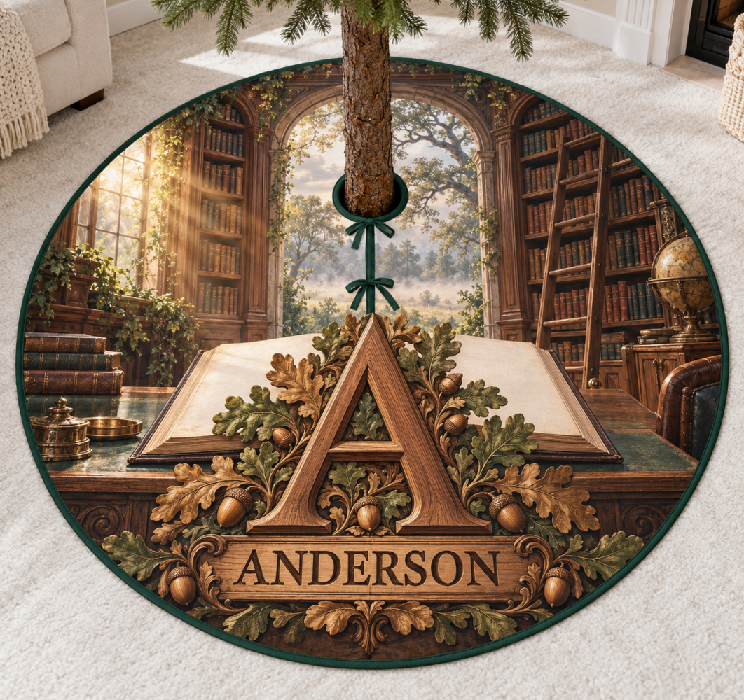 Oak Library Monogram Christmas Tree Skirt — Custom Monogram & Year, Classic Oak Emblem, Premium Fabric For Elegant Holiday Styling