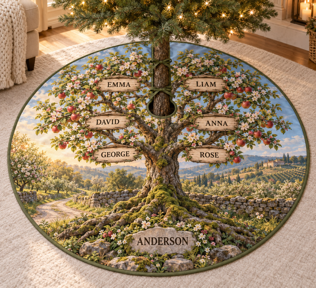 Generations Orchard Family Heirloom Tree Skirt — Custom Names, Family Tree Design, Multi-Generational Holiday Keepsake In Luxe Felt