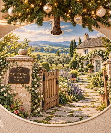 Custom Home Coordinates Christmas Tree Skirt With Decorative Gate Motif — Personalized Address, Names & Date, Premium Holiday Gift