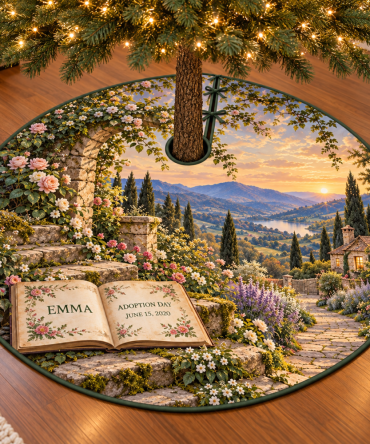 Adoption Storybook Garden Tree Skirt — Personalized Family Adoption Keepsake, Custom Names & Date, Whimsical Garden Illustration