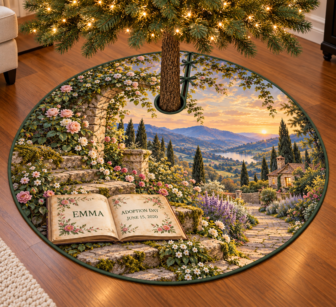 Adoption Storybook Garden Tree Skirt — Personalized Family Adoption Keepsake, Custom Names & Date, Whimsical Garden Illustration