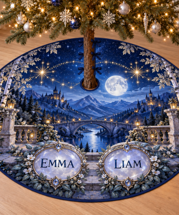 Sibling Starlight Bridge Tree Skirt — Personalized Family Keepsake, Custom Names & Date, Twinkling Bridge Illustration For Gifts